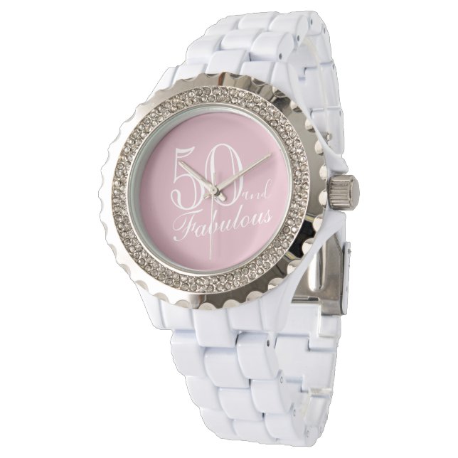 50 and Fabulous Elegant Script Pink 50th Birthday Watch (Angled)