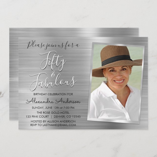 50 and Fabulous Elegant Silver Photo Invitation (Front/Back)