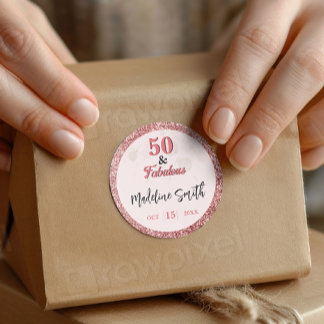 50 and Fabulous Elegant Sparkle Rose Pink Glitter Classic Round Sticker