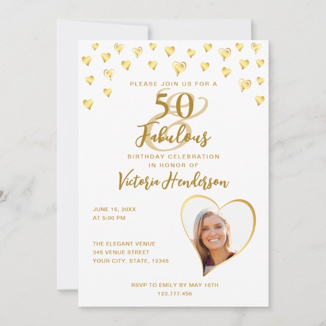 50 and Fabulous Elegant White and Gold Birthday Invitation (Front)
