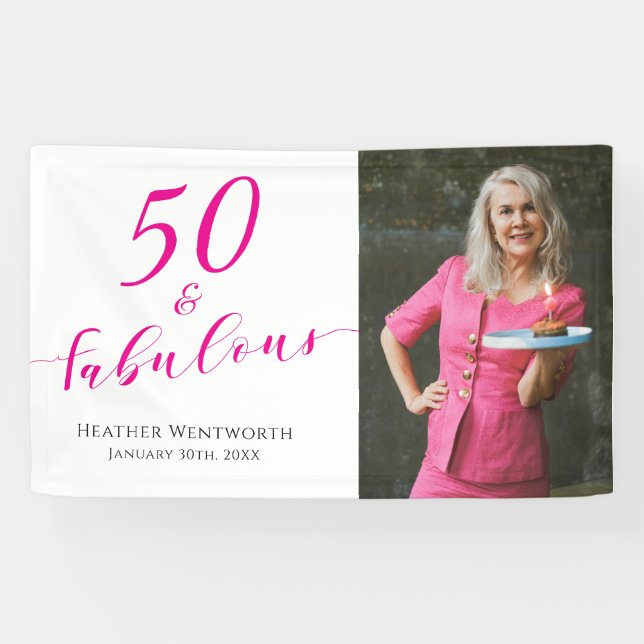 50 and Fabulous Fiftieth Birthday Hot Pink Photo Banner (Horizontal)