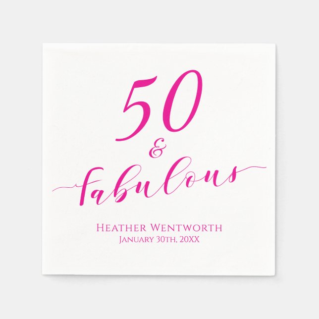 50 and Fabulous Fiftieth Birthday Pink Name Date  Napkin (Front)