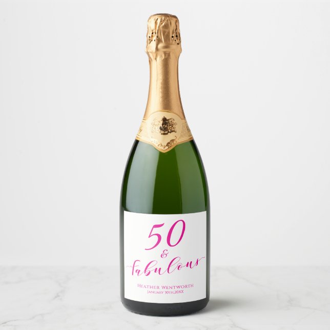 50 and Fabulous Fiftieth Birthday Pink Name Date  Sparkling Wine Label (Front)