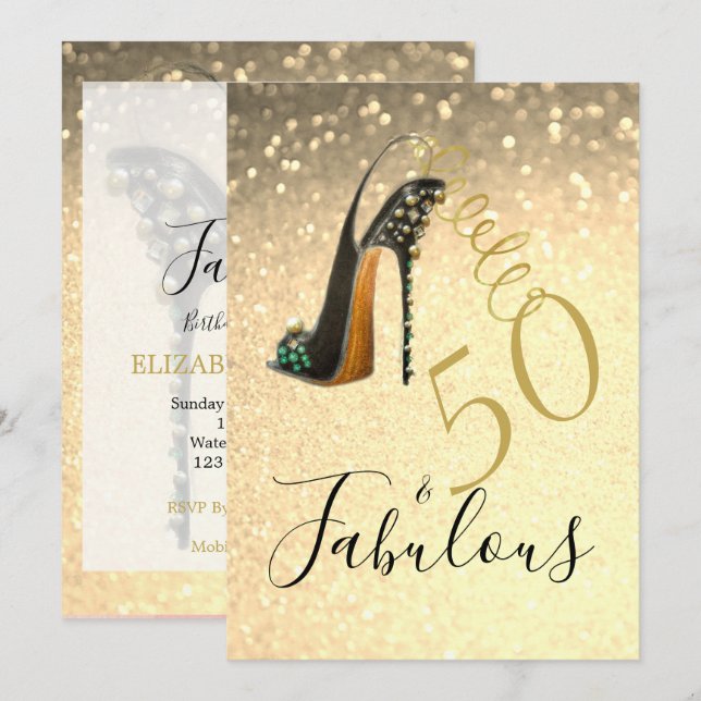 50 and Fabulous Fiftieth Elegant Glitter Gold Invitation (Front/Back)