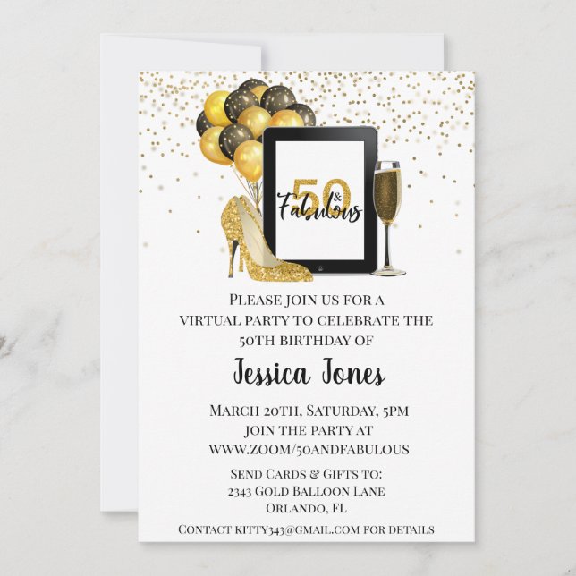 50 and Fabulous Fifty Virtual Birthday Gold Invitation (Front)