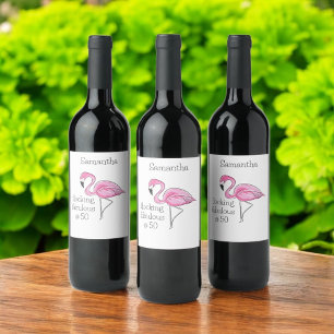 50 and Fabulous Flamingo Personalised Wine Label