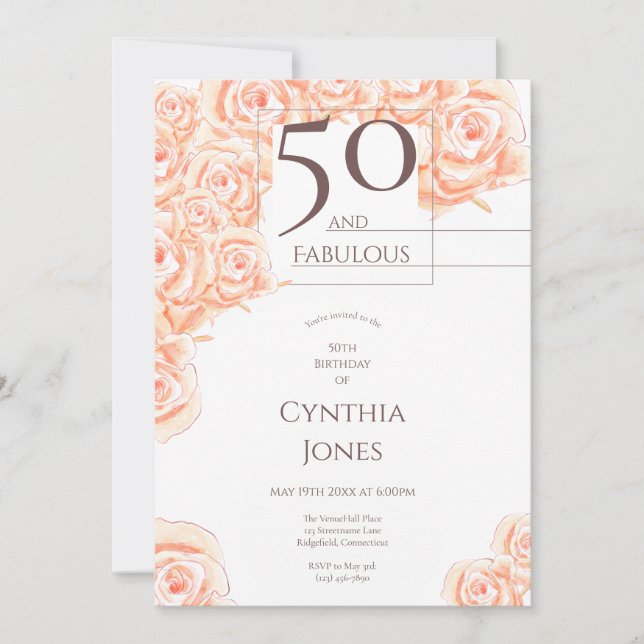 50 and Fabulous Floral Pink Rose Brown Vertical Invitation (Front)