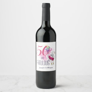 50 and Fabulous Fluffy Dog in Pink with Balloons Wine Label