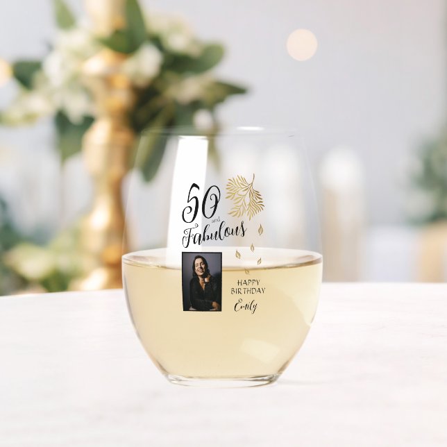 50 and Fabulous Foliage 50th Birthday Photo Stemless Wine Glass (Insitu (Wedding))