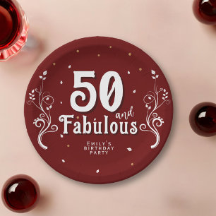 50 and Fabulous Foliage Red 50th Birthday Paper Plate