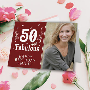 50 and Fabulous Foliage Red 50th Birthday Photo Card