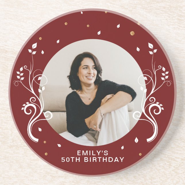 50 and Fabulous Foliage Red 50th Birthday Photo Coaster (Front)