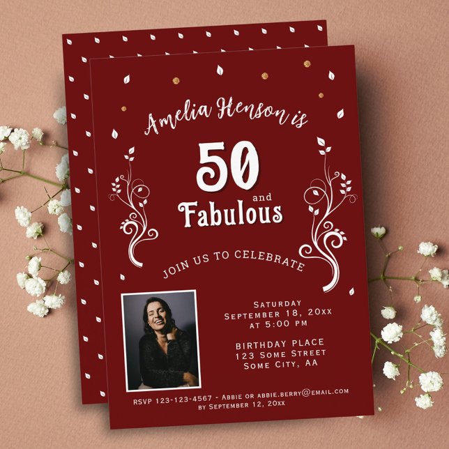 50 and Fabulous Foliage Red 50th Birthday Photo Invitation (Creator Uploaded)