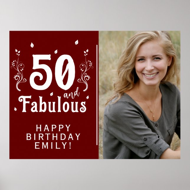 50 and Fabulous Foliage Red 50th Birthday Photo Poster (Front)