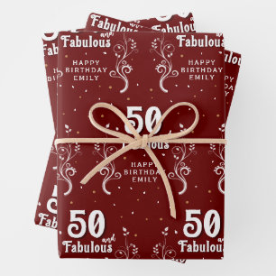 50 and Fabulous Foliage Red 50th Birthday  Wrapping Paper Sheet