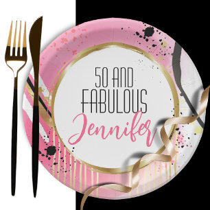 50 and Fabulous For Her Pink Gold Black Retro Fun Paper Plate