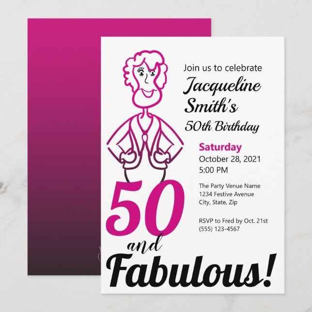 50 and Fabulous Funny Pink and Black Lady Invitation (Front/Back)