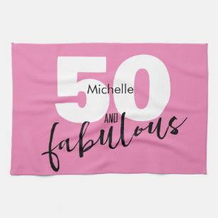 50 and fabulous gift 50th Birthday party pink  Tea Towel
