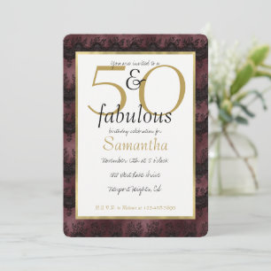 50 and Fabulous Glam Gold Burgundy Black Faux Lace Invitation