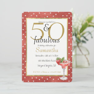 50 and Fabulous Glam Gold Red White Dots Drink Invitation