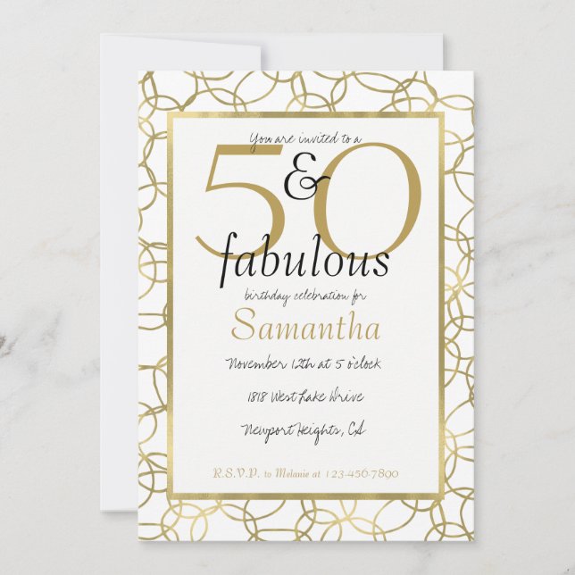 50 and Fabulous Glam Gold White Circles Party Invitation (Front)