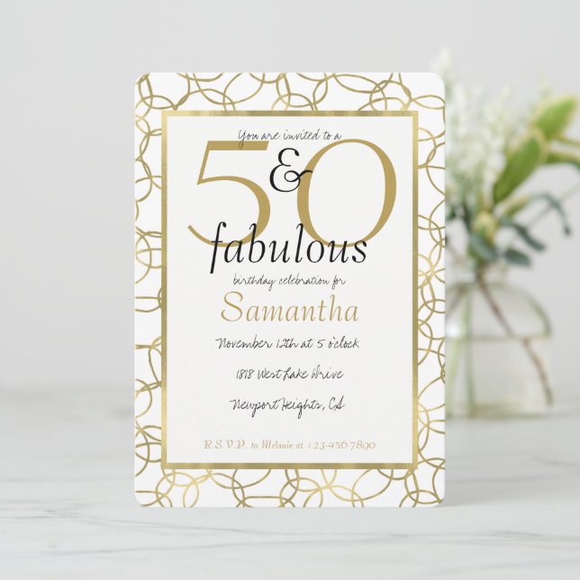 50 and Fabulous Glam Gold White Circles Party Invitation (Standing Front)