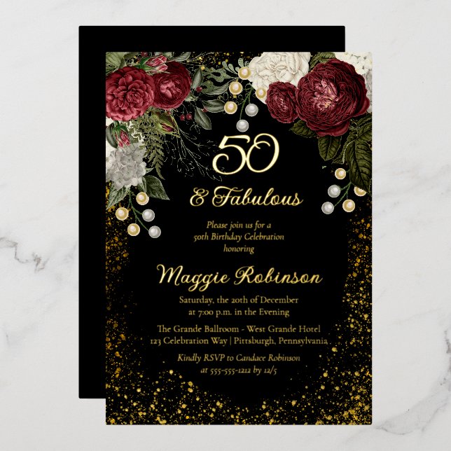 50 and Fabulous Glam Rose Floral Birthday Party (Front/Back)