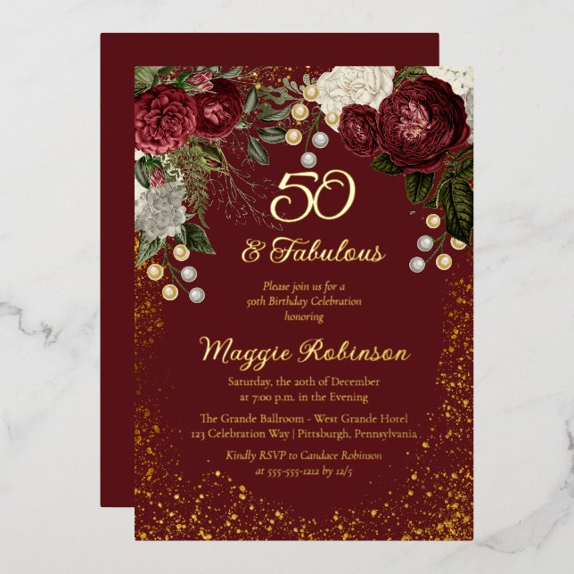 50 and Fabulous Glam Rose Floral Birthday Party (Front/Back)