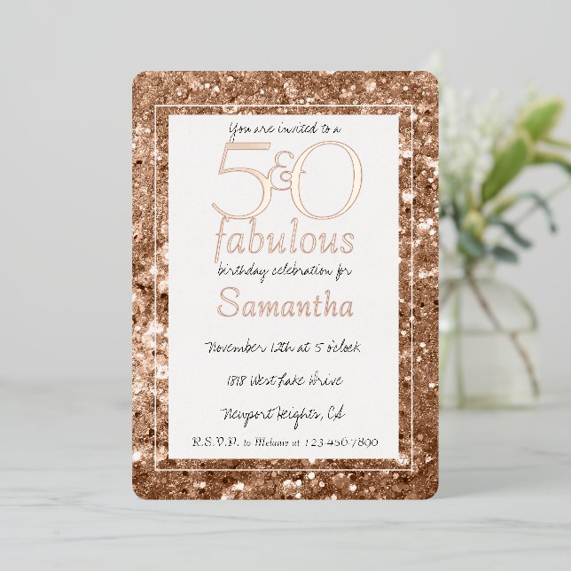 50 and Fabulous Glam Rose Gold Glitter Birthday (Standing Front)