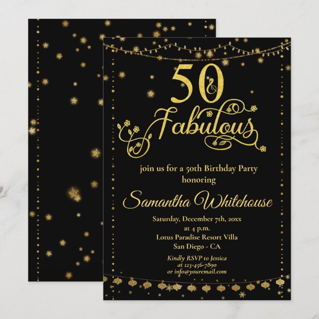 50 and Fabulous Glitter Gold Black Birthday Party Invitation (Front/Back)