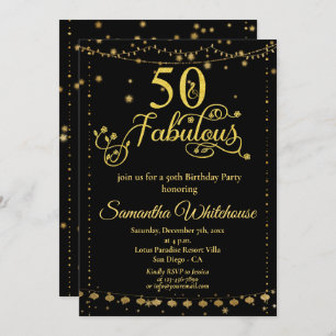 50 and Fabulous Glitter Gold Black Birthday Party Invitation