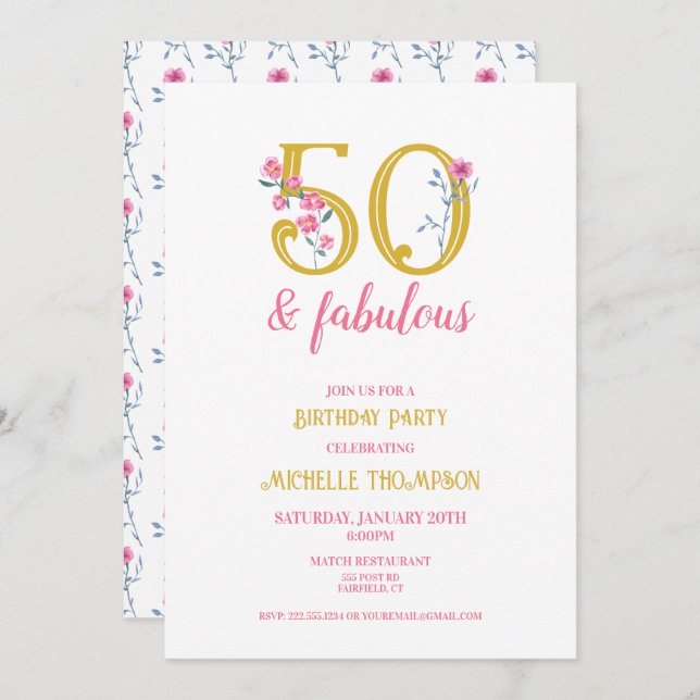 50 and Fabulous Gold and Pink Floral Classic Invitation (Front/Back)