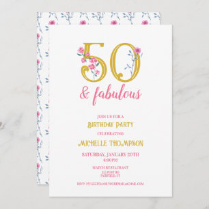 50 and Fabulous Gold and Pink Floral Classic Invitation
