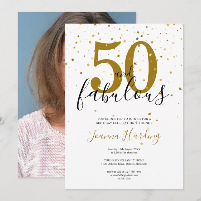 50 and Fabulous Gold Black 50th Birthday Photo Invitation (Front/Back)