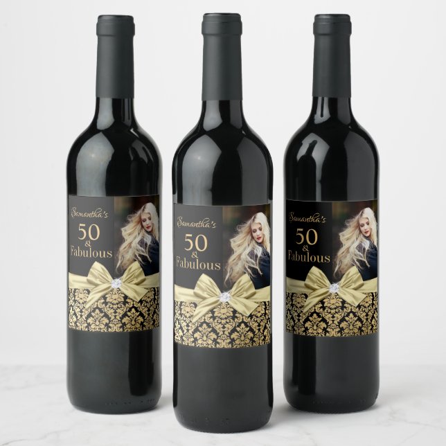 50 and fabulous gold black birthday party wine label (Bottles)