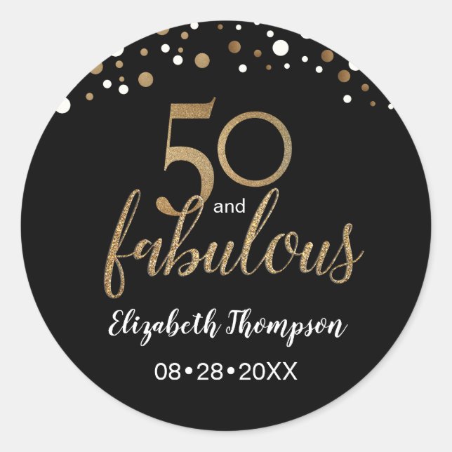 50 and fabulous gold black confetti 50th birthday classic round sticker (Front)