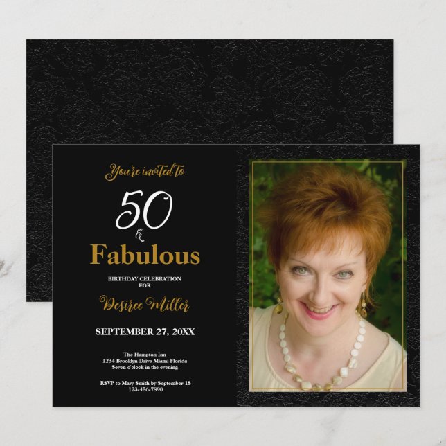 50 And Fabulous Gold Black Floral Birthday Invitation (Front/Back)