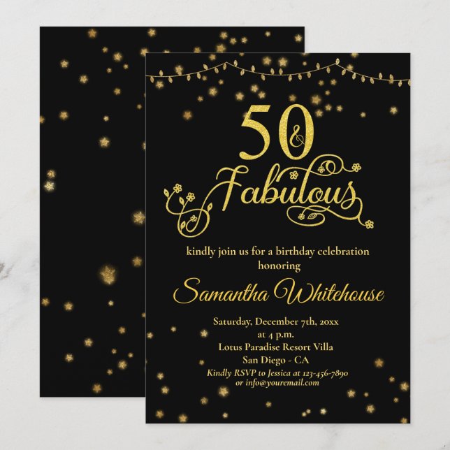 50 and Fabulous Gold Black Glitter Birthday   Invi Invitation (Front/Back)