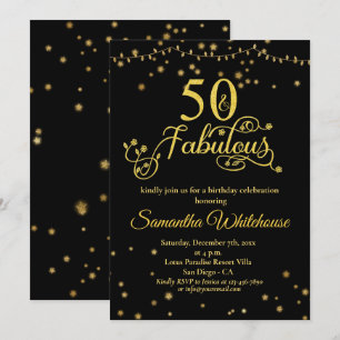 50 and Fabulous Gold Black Glitter Birthday   Invi Invitation