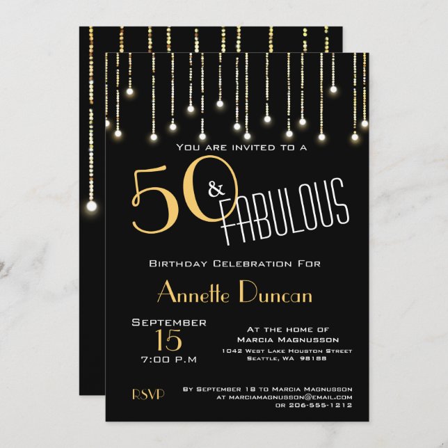 50 and Fabulous Gold Black Lights Birthday Party Invitation (Front/Back)