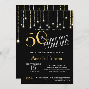 50 and Fabulous Gold Black Lights Birthday Party Invitation
