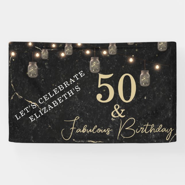 50 and Fabulous Gold Black Marble Mason Jar Lights Banner (Horizontal)