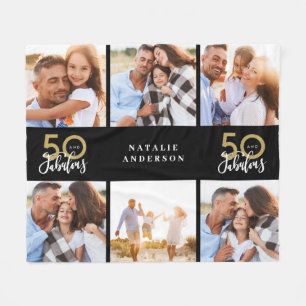 50 and fabulous gold black photo birthday fleece blanket