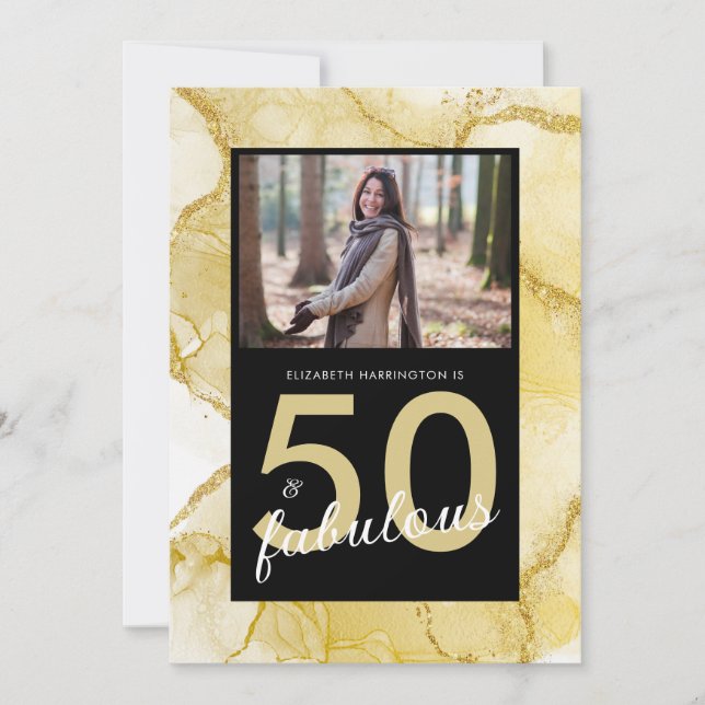 50 And Fabulous Gold Black Photo Birthday Invitation (Front)