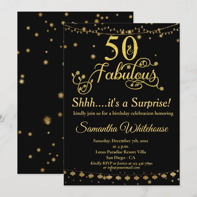 50 and Fabulous Gold Black Surprise Birthday  Invitation (Front/Back)