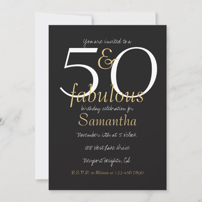 50 and Fabulous Gold Black White Invitation (Front)