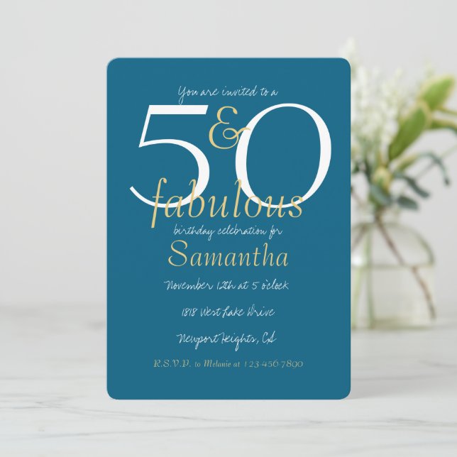 50 and Fabulous Gold Blue 50th Birthday Invitation (Standing Front)