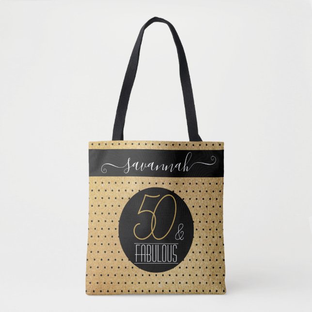 50 and Fabulous Gold Custom Name Birthday Party To Tote Bag (Front)