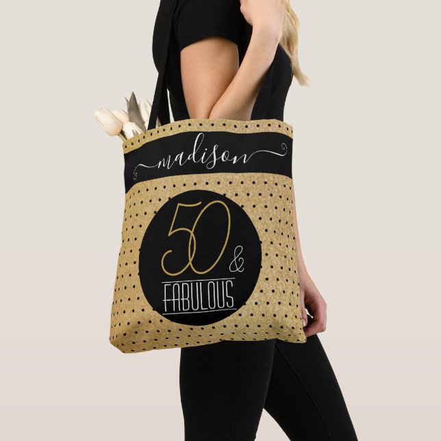 50 and Fabulous Gold Custom Name Birthday Party Tote Bag (Close Up)