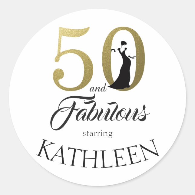 50 and Fabulous Gold Custom Name Classic Round Sticker (Front)